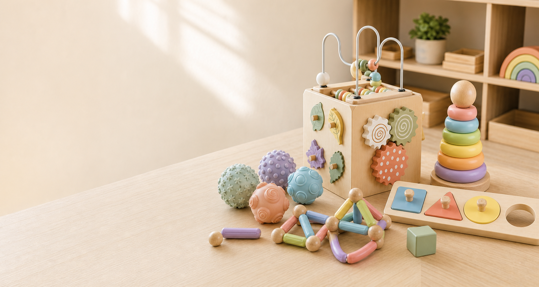 Pastel Montessori toys arranged in a warm learning space